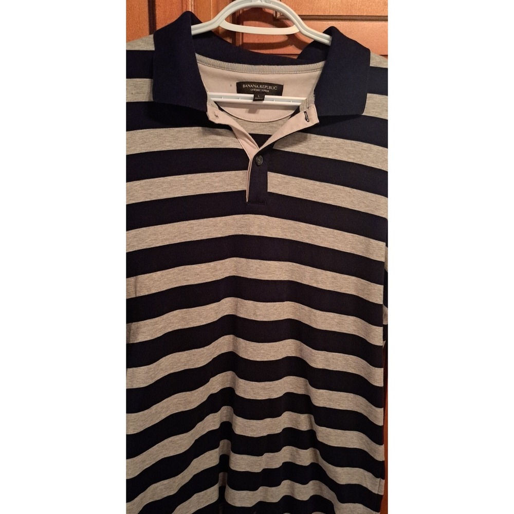 Banana Republic Mens Luxury Touch Striped Short Sleeve Polo Shirt Gray Navy L